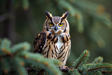 Fototapeta premium Owl perched on pine branch