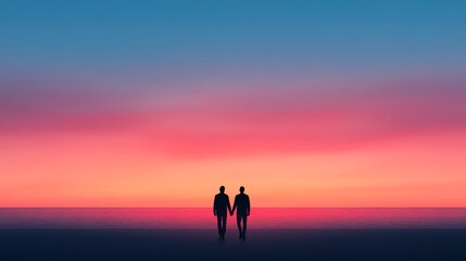 Fototapeta premium A heartwarming Valentine’s Day background with a couple walking on the beach, holding hands as the sky turns into soft pink and orange hues 