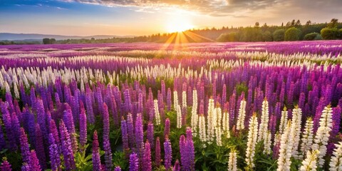Fototapeta premium Panoramic Clary Sage Field, Blooming Clary, Salvia Sclarea Landscape, Herbal Plant Photography, Medicinal Herb Panorama