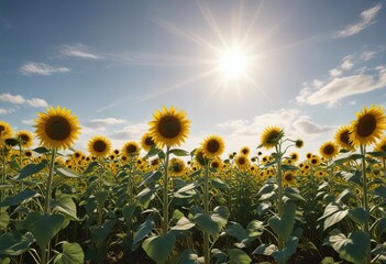 Fototapeta premium A field of sunflowers stretching towards the sky on a sunny summer day, their tall stalks swaying gently in the breeze , stretch, sunflowers, field