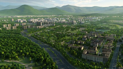 Aerial view of a green urban landscape with mountains in the background.