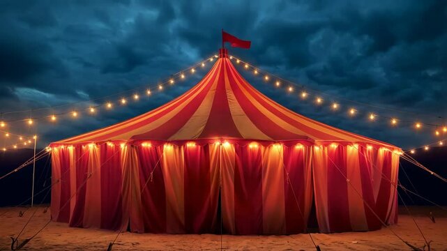 Big red circus tent with many lights 