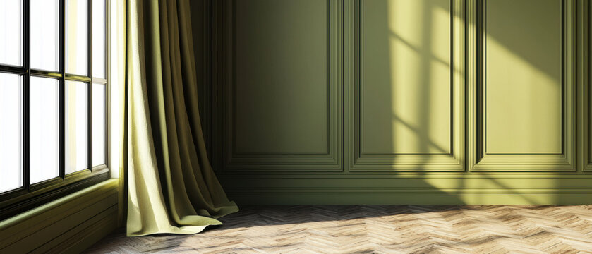 Fototapeta stylish room with rich olive green paneled walls and natural light streaming through window, creating warm atmosphere