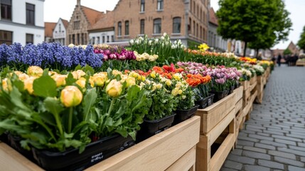 Fototapeta premium A lively spring market in Bruges, Belgium, with wooden stalls selling fresh flowers, artisanal goods, and pastries, surrounded by medieval buildings and blooming trees 