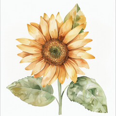 Fototapeta premium Elegant Watercolor Sunflower Illustration with Lush Green Leaves