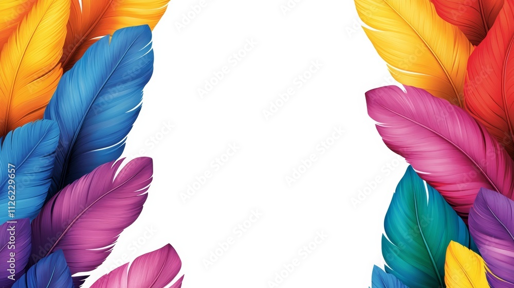 Poster colorful feathery border with a white background. the feathers are in various colors and sizes, crea