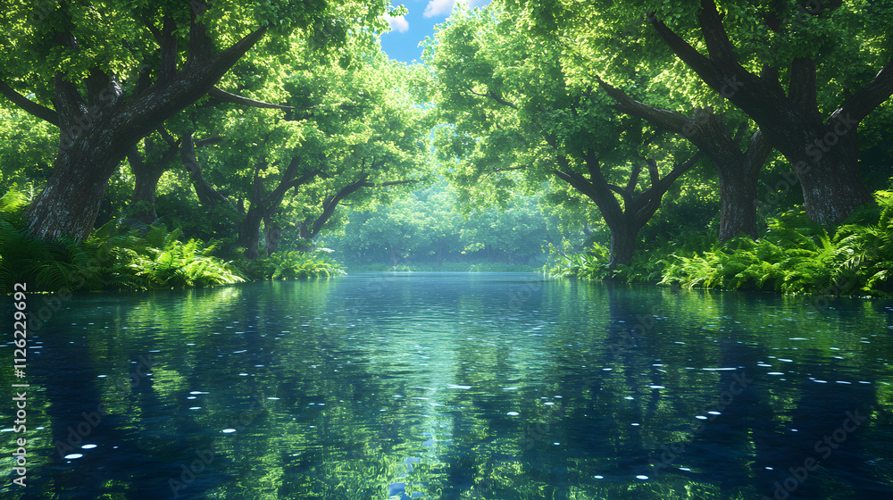 Poster a serene forest scene with lush trees surrounding a tranquil blue river, reflecting sunlight and cre