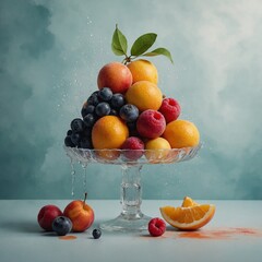 Minimalist fruit art with a watercolor cloud background.