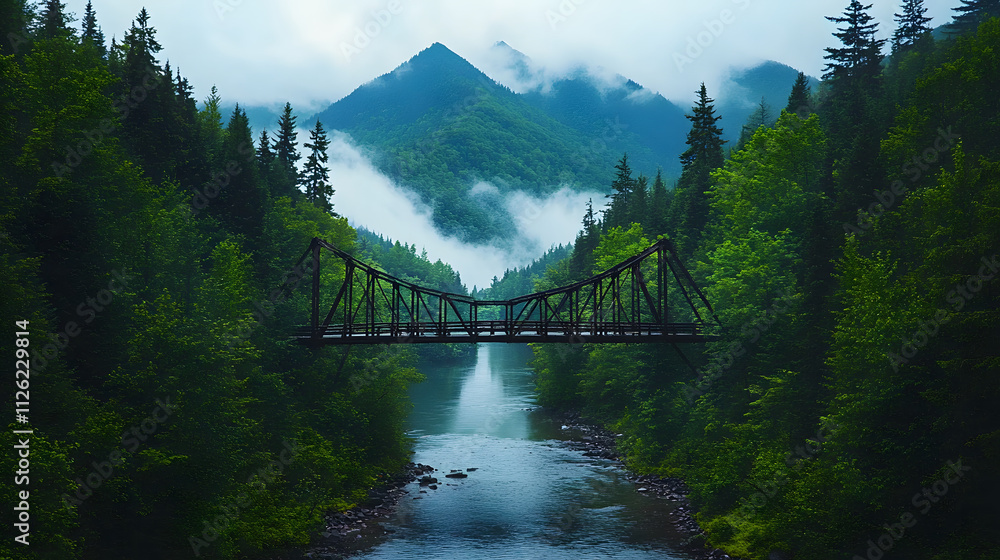 Aufkleber a serene landscape featuring a bridge over a river, surrounded by lush forests and misty mountains i