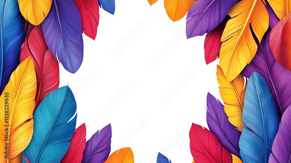 Poster colorful feathery border with a white background. the feathers are in various colors and sizes, crea