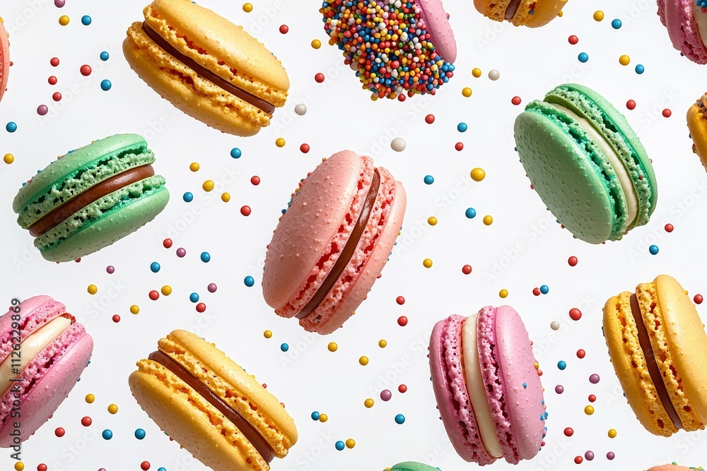 Poster Close up of a variety of colorful macarons with sprinkles on top. The macarons are arranged in a pattern, with some being larger and others smaller. Scene is playful and fun