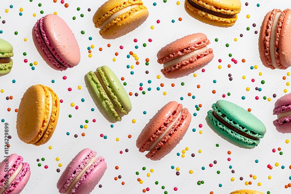 Poster colorful array of macarons with sprinkles on top. the macarons are arranged in a way that they look 