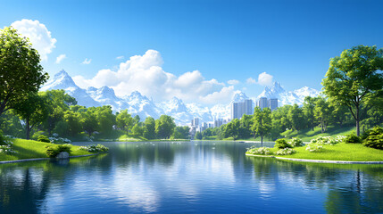 Obraz premium A serene landscape featuring a clear lake surrounded by lush greenery, mountains, and a distant city skyline under a bright blue sky
