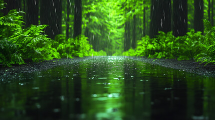 Obraz premium A tranquil forest scene featuring a rain-soaked path surrounded by vibrant greenery and reflective puddles, evoking a serene, lush atmosphere