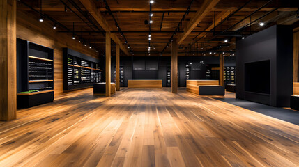 A modern, spacious interior featuring wooden flooring and minimalist display shelves, creating a warm and inviting atmosphere