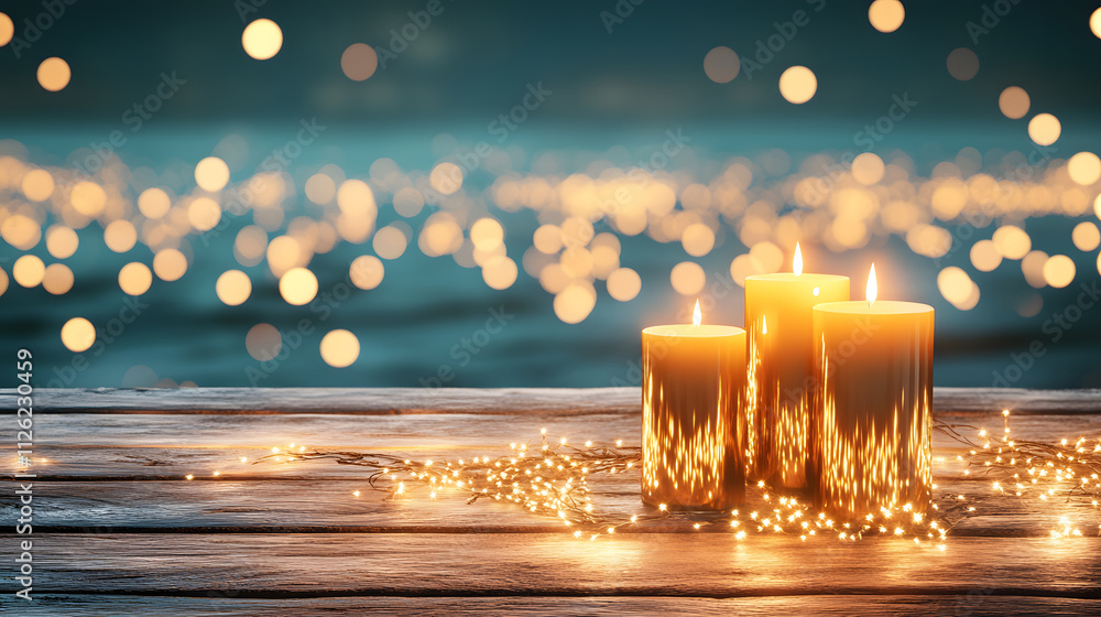 Poster softly glowing candles on a wooden surface, surrounded by shimmering lights, create a warm and invit