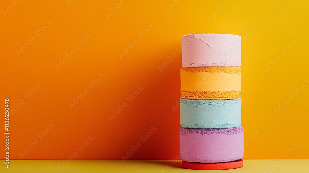 Poster Stack of colorful cakes on a yellow background. The cakes are arranged in a pyramid shape, with each layer a different color. Scene is playful and whimsical