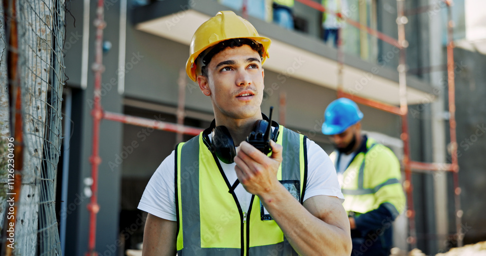 Poster construction site, architecture and man with radio, communication and building development. employee