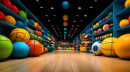A vibrant sports equipment store aisle filled with various colorful balls arranged neatly on shelves, creating a playful atmosphere