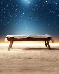 Wooden bench under a starry night sky with glowing background. Concept of serenity and nature.