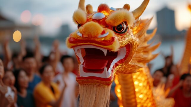 A majestic Chinese New Year dragon dance performance at sunset, with the performers holding a glowing dragon prop surrounded by cheering crowds 