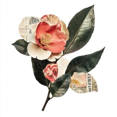 Vintage scrapbook style collage paper sticker cutout of a camellia leaf on white background, abstract retro collage art