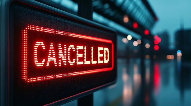 A minimalist flight cancellation graphic with a bold red CANCELLED stamp overlaid on a glowing departure board, framed by subtle storm icons 