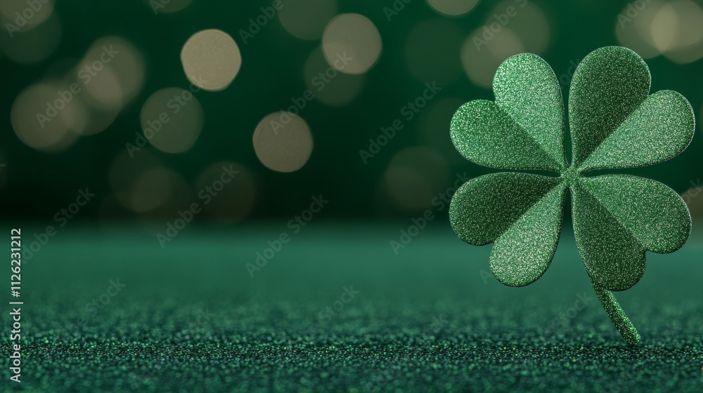 Poster a minimalist st patrick’s day background with a single glowing shamrock on a dark green textured bac