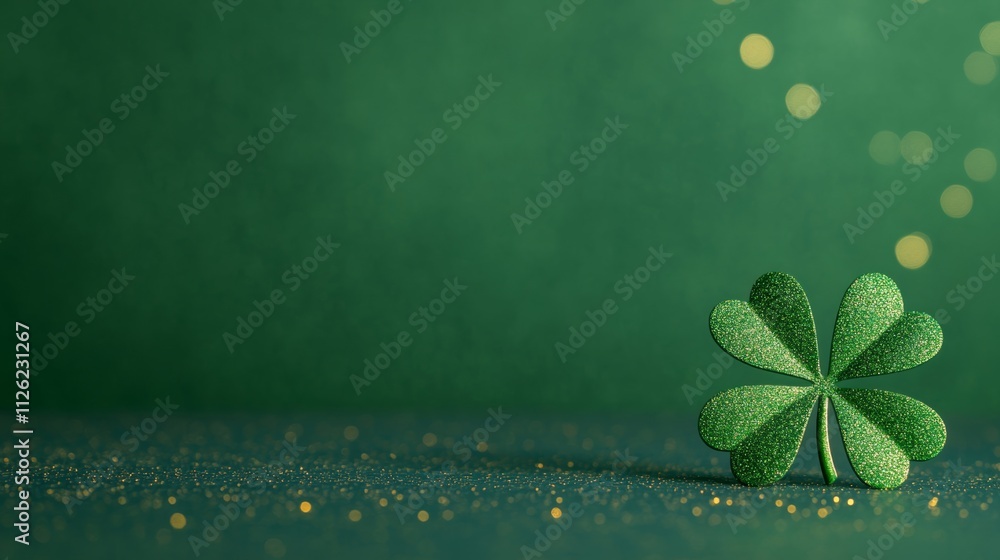Poster a minimalist st patrick’s day background with a single glowing shamrock on a dark green textured bac