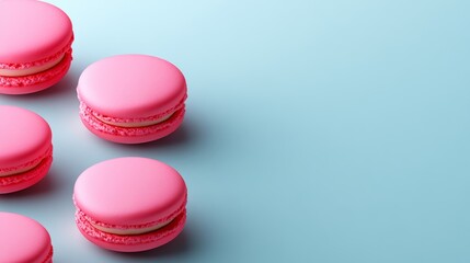 Obraz premium Pink macarons on a blue background. The macarons are arranged in a row and are the same color