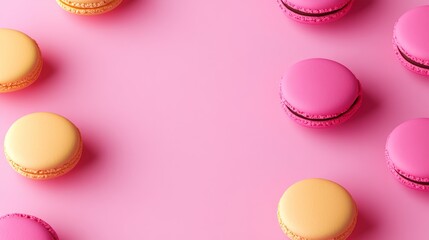 Fototapeta premium Pink and yellow macaron with a pink and yellow center. The macarons are arranged in a row on a pink background
