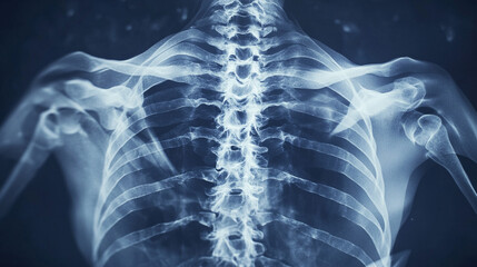 Detailed X-ray Image of Human Spine and Shoulder Anatomy Displaying Vertebrae, Ribs, and Scapula in a Clinical Medical Environment