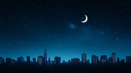 A peaceful cityscape going dark for Earth Hour, with iconic landmarks silhouetted against a night sky filled with glowing stars and soft moonlight 