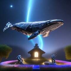 고요하고 빛나는 여름 밤하늘을 비행 중인 거대 기계 고래, 꽃이 핀 초원 위 오두막 집 일러스트. 03