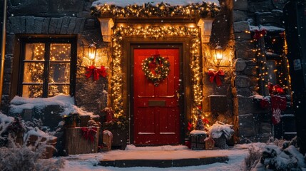 Festive Winter Home Entrance Decorated For Christmas