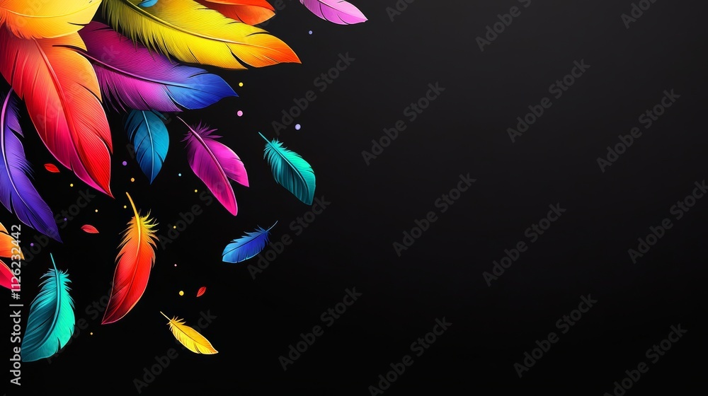 Poster colorful background with a bunch of feathers scattered around it. the feathers are of different colo