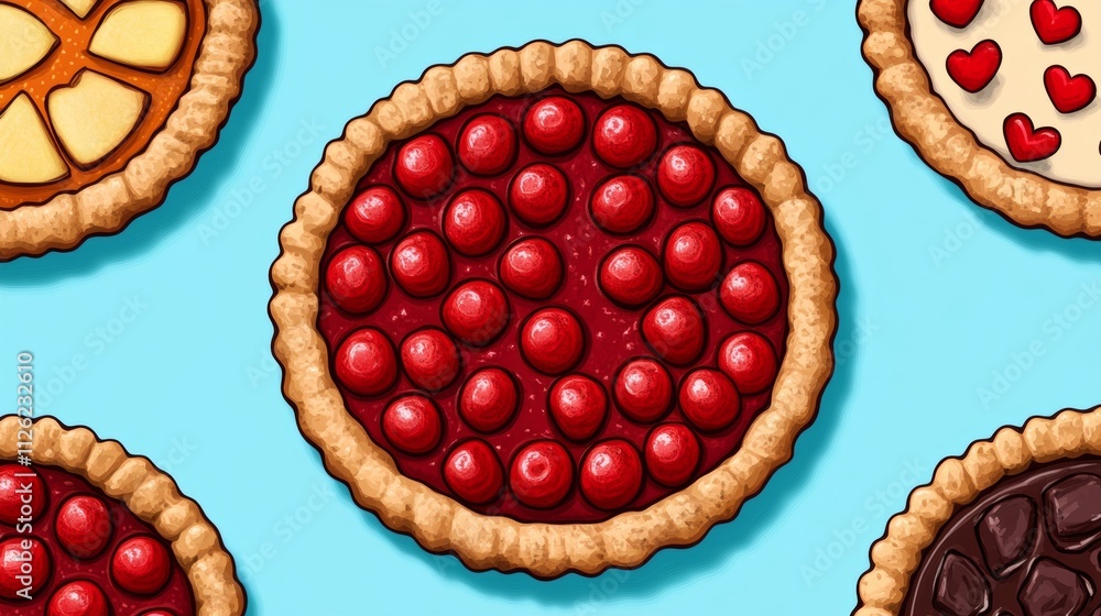 Poster a playful national pie day background with a cartoon-style pie chart where each slice represents a d