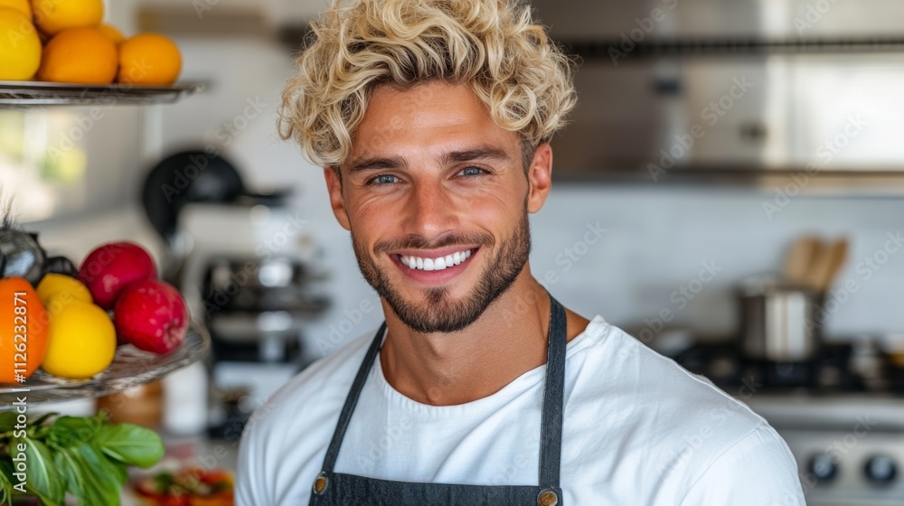 Aufkleber a man with a beard and a white apron is smiling in front of a fruit stand. he is wearing an apron an