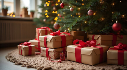 Obraz premium Elegantly wrapped Christmas gifts under a decorated Christmas tree in a cozy room.