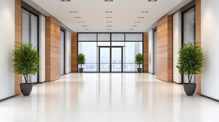 Fototapeta premium 3D rendered corporate hallway with high ceilings, elegant lighting fixtures, and polished surfaces
