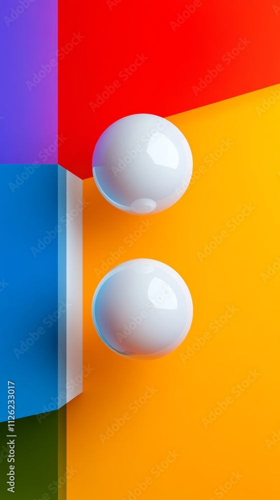Poster two white spheres are shown on a colorful background. the spheres are placed close to each other, cr
