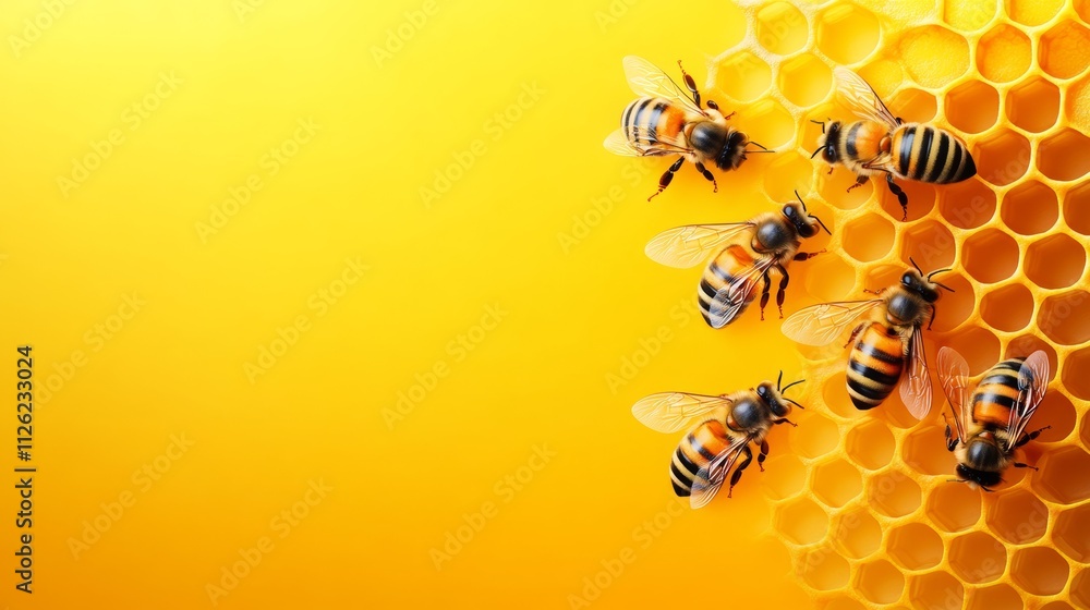 Poster group of bees are on a yellow background. the bees are in a honeycomb. the bees are in different pos