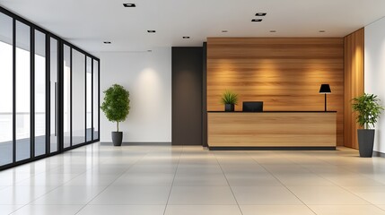 Obraz premium 3D rendered minimalist office corridor with bright lights, smooth tiles, and modern furniture