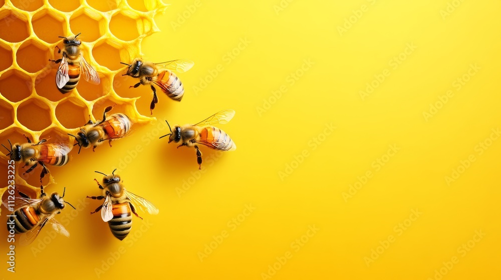 Poster group of bees are on a yellow background. the bees are in a honeycomb. the bees are in different pos