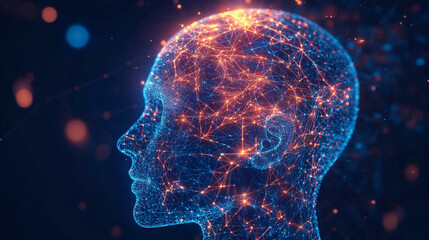 Obraz premium Abstract Digital Human Head with Neon Lights and Connected Nodes Representing Artificial Intelligence and Neural Network Concepts
