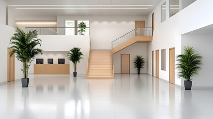 Fototapeta premium 3D rendered modern business atrium with open space, intricate lighting, and glossy flooring