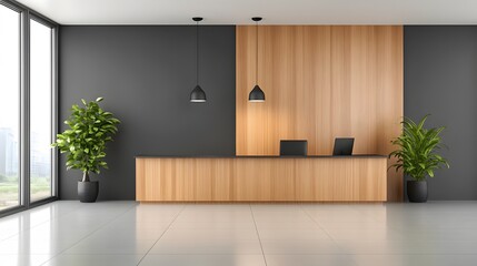 3D rendered luxury office hallway with ambient lighting, sleek paneling, and reflective tile floors
