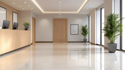 Fototapeta premium 3D rendered modern corporate workspace with open-plan interiors, natural light, and shiny floors