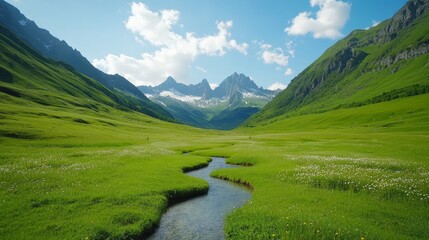 Naklejka premium A scenic spring trail in the French Alps, with snow melting off peaks, green valleys filled with wildflowers, and crystal-clear streams winding through the landscape 