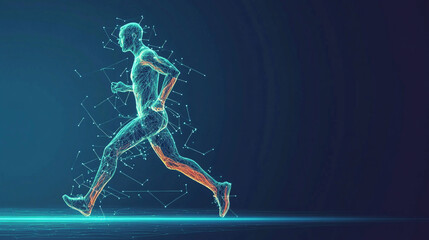 Fototapeta premium Futuristic Digital Illustration of a Human Runner in Motion with Light Trails on a Dark Background Representing Sport and Technology Integration